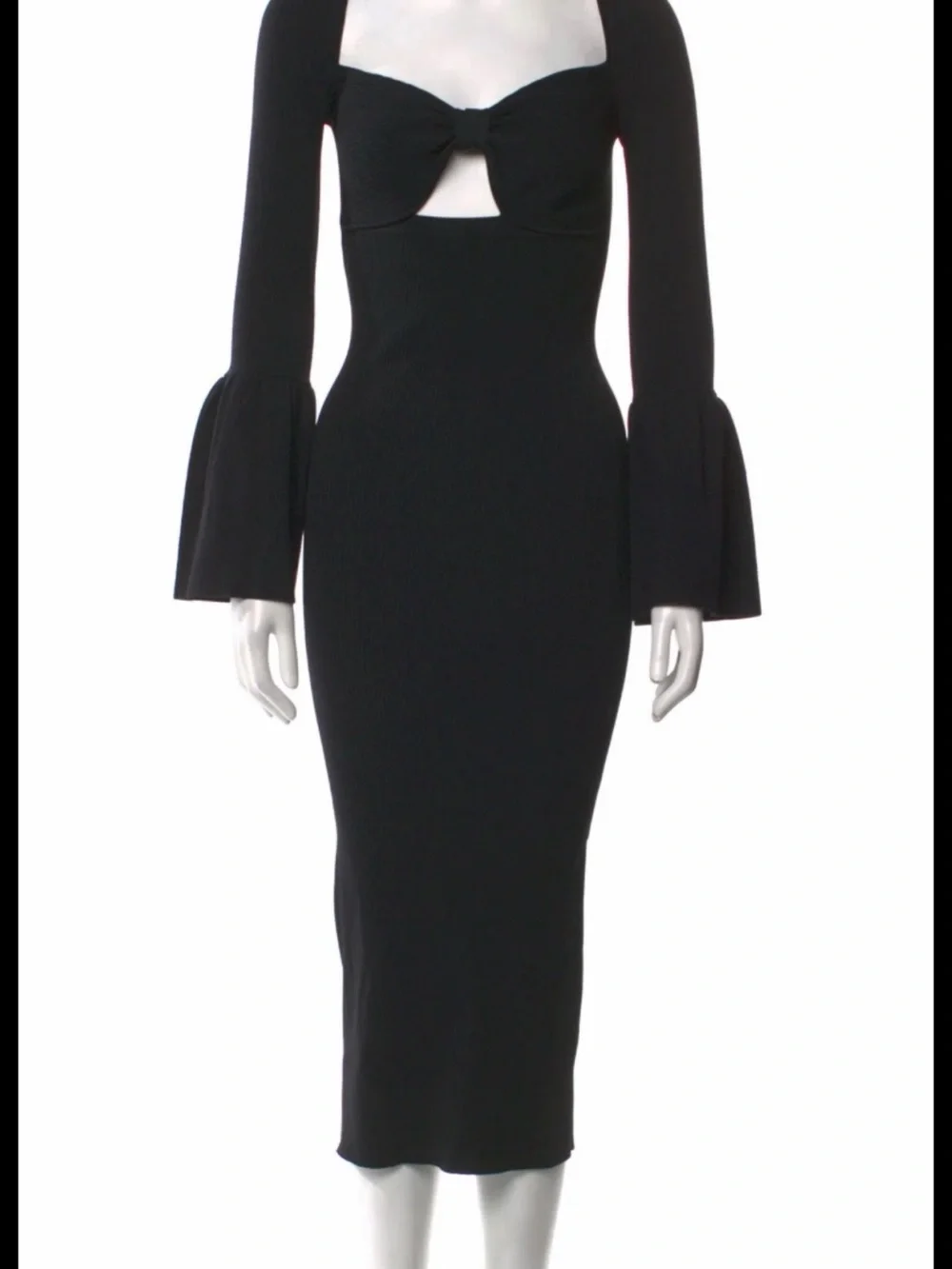 Self-Portrait Size L Ribbed Midi Dress with Cutout & Bell Sleeves - Picture 3 of 7